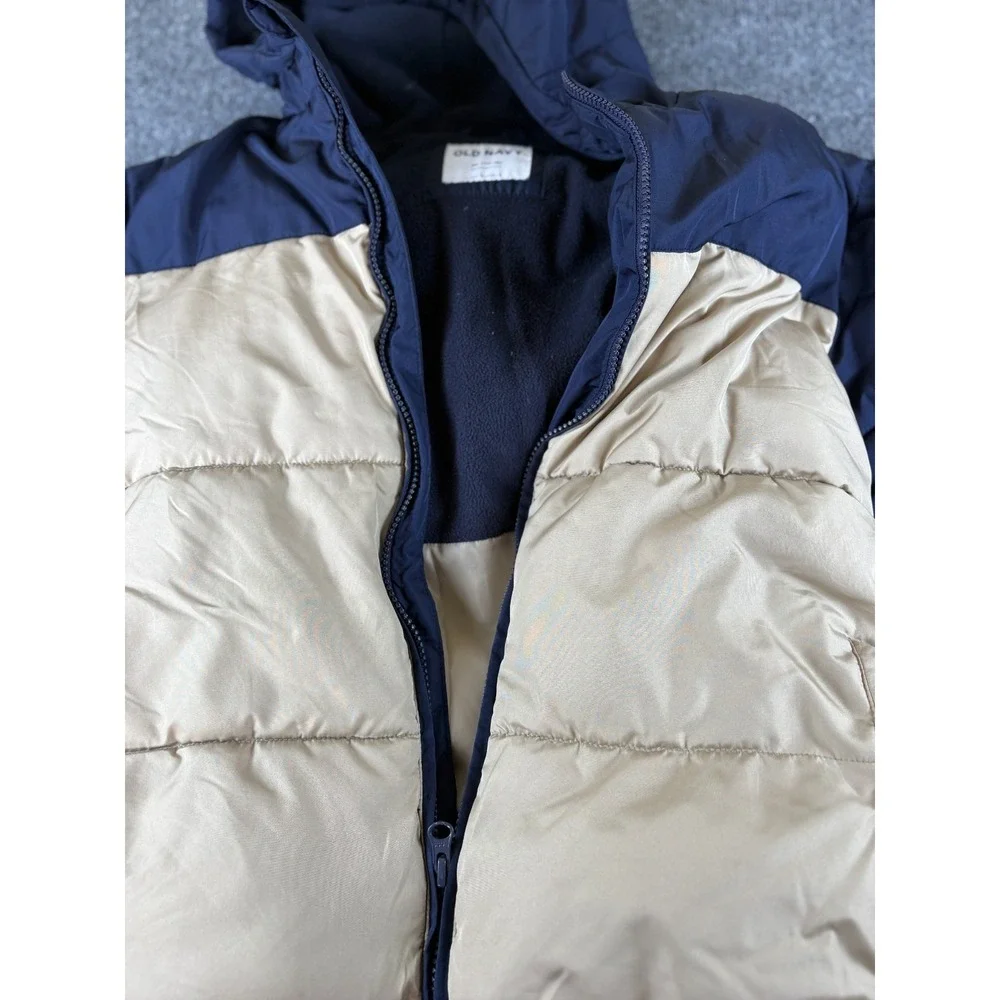 Old Navy Puffer Jacket Boys XL 14-16‎ Blue Beige Full Zip Hooded Water Resistant